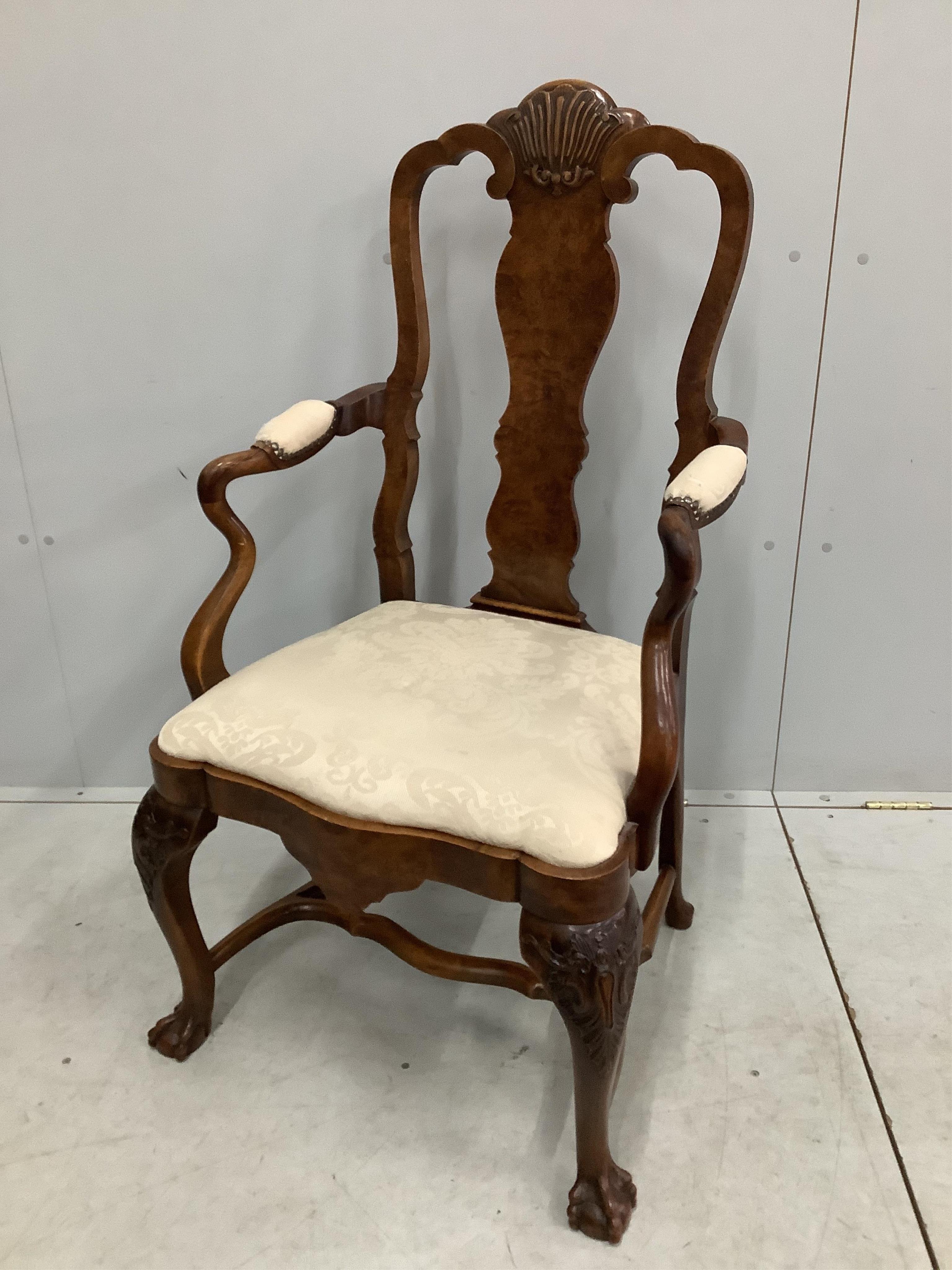 A set of eight Queen Anne revival walnut dining chairs, two with arms. Condition - fair